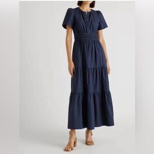 NWT NEW Quince 100% Organic Cotton Tiered Maxi Dress Navy  Extra Small